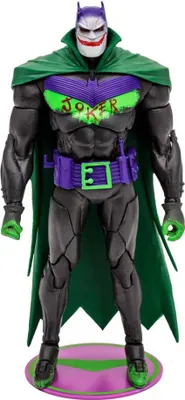 A full-body shot of a Batman action figure with Joker-themed colors and design, standing on a display base.