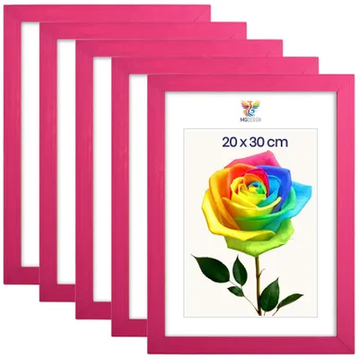 Produktbild von MG Design 5er Set Bilderrahmen 20 x 30 cm - Fotorahmen mit Rosa Echtholzrahmen und bruchsicherem Acrylglas, Hoch & Quer zum Aufhängen, zum Aufstellen