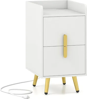 Produktbild von Nachttisch mit Ladestation, 2 Schubladen, Metallbeine, Weiß