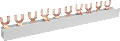 A row of copper connectors attached to a white base.