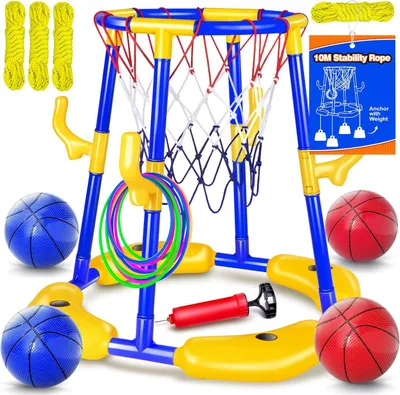 Image de Kit de basket pour piscine, comprenant 4 boules, une pompe, des cerceaux, idéal pour une utilisation en extérieur
