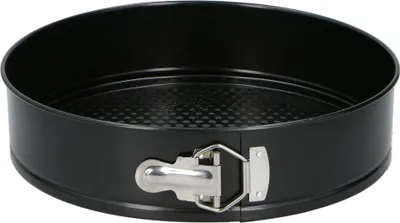 A black springform cake pan with a silver latch is shown against a white background.