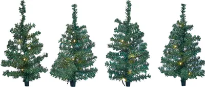 Four small artificial Christmas trees with lights on a white background.