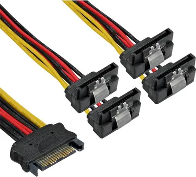 Produktbild von InLine SATA Strom-Y-Kabel, SATA BU/4x SATA ST gew., m. Laschen, 0,15m, 0,15 m, SATA 15-Pin, SATA 15-Pin, Männlich, Weiblich, 90°