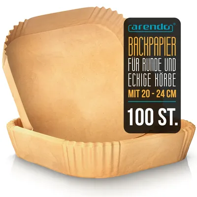 Produktbild von Arendo Backpapier für Heißluftfritteuse, quadratisch, 4,7 - 7,5 L, 20 x 20 x 4,5 cm, antihaft, ungebleicht, für Ninja Airfryer AF300EU & AF400EU, 100 Stück