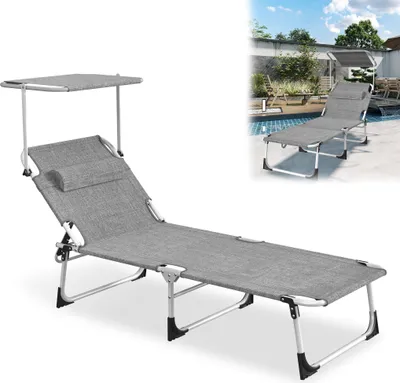 Produktbild von UISEBRT Wetterfester Sonnenliegestuhl mit verstellbarer Markise & 100 kg Tragkraft – Faltbarer Garten-Liegesessel für Terrasse & Camping(Leinen-Grau)