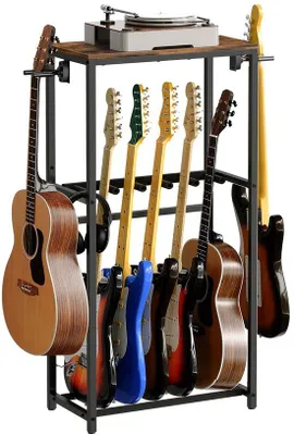 Produktbild von Unyqoos® Multifunktionaler Gitarrenständer – Aufbewahrung für bis zu 5 Instrumente (50 x 30 x 118 cm), Holz/Metall mit EVA-Schutz, Braun/Schwarz, Zubehörablage