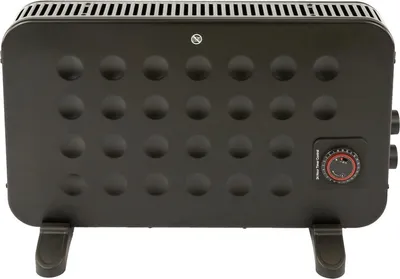 A black electric heater with a textured front panel and two legs is shown from the front.