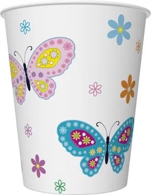 Obrázek produktu pro 8 papírových kelímků Graphic Colour Butterflies with Flowers - květy a motýli 250ml Ø5,5-8cm x 9cm