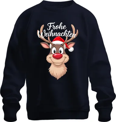 Produktbild von Frohe Weihnachten Rentier Rudolf Weihnachtsmütze Lustig Cartoon Uni Sweatshirt Pullover, Navy, 3XL