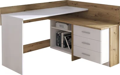 Produktbild von Schreibtisch Dabdelhami, Mehrzweckschreibtisch, Bürotisch für PC, Eckschreibtisch, 130x112h82 cm, Weiß und Knoteneiche