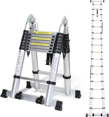 Produktbild von Teleskopische Aluminium-Klappleiter – Ausziehbare Leiter bis 5 Meter – Rutschfest und multifunktional – Tragfähigkeit: 150 kg