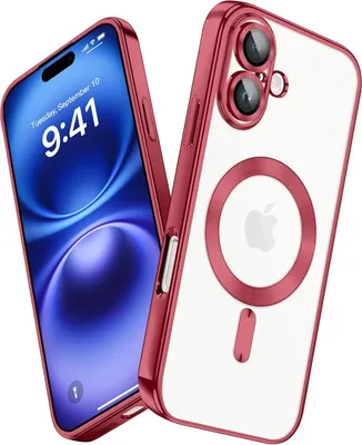 Obrázek produktu pro Pouzdro pro iPhone 16 Plus Magnetické Ultra Tenké Průhledné Pouzdro s Magsafe a Ochranným Krytem na Kameru Červený