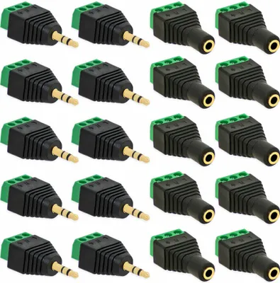 Produktbild von 10x Klinken Stecker + 10x Buchsen 3,5mm Adapter > Terminalblock 3 Pin Schraub Klemme Set