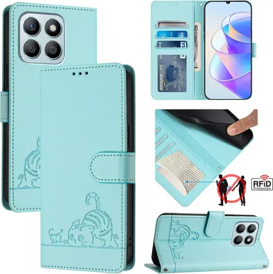 Produktbild von Leder Hülle für Honor X8b Süße Katze Flip Case Brieftasche Schutzhülle mit Standfunktion hellgrün