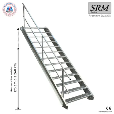 Produktbild von 13 Stufen Stahltreppe einseitig. Geländer Breite 80cm Geschosshöhe 195-260cm