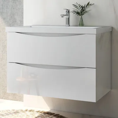 Produktbild von Badmöbel Set 80 cm Smiley Hochglanz Weiß Rechteckiges Waschbecken mit Unterschrank Hängeschrank Softclose