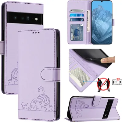 Produktbild von Leder Hülle für Google Pixel 6 Pro Süße Katze Flip Case Brieftasche Schutzhülle mit Standfunktion Lila