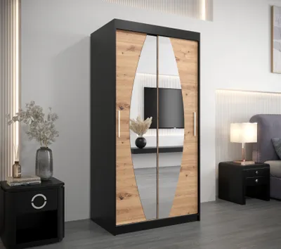 Produktbild von Kleiderschrank mit Spiegeln TAMARA – Breite 100 cm, schwarz / Eiche artisan