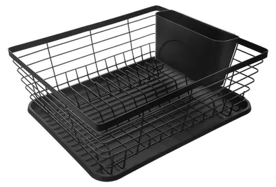 A black metal dish drying rack with a tray and a utensil holder.