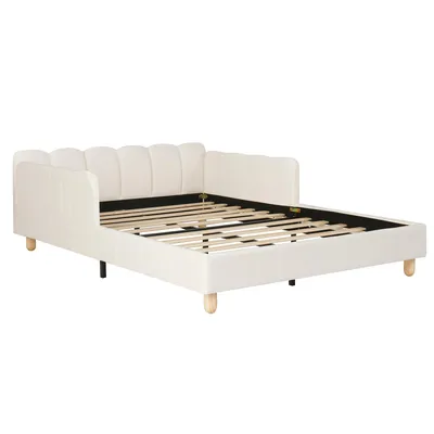 Produktbild von Flieks Kinderbett 140x200cm mit Rausfallschutz, Polsterbett mit Verstellbaren Armlehnen, Doppelbett Holzbett mit Holzbeinen, Samt, Beige