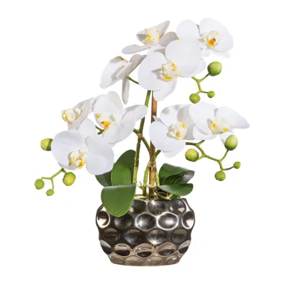 Zdjęcie produktu dla Storczyk Phalaenopsis 30 cm w eleganckim srebrnym wazonie - Sztuczna roślina Real Touch