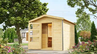 Produktbild von Karibu Saunahaus Außensauna Gartensauna Bosse 1 mit Vorraum unbehandelt ohne Zubehör 38mm Massivholz 231x273x235 cm mit Moderne Tür