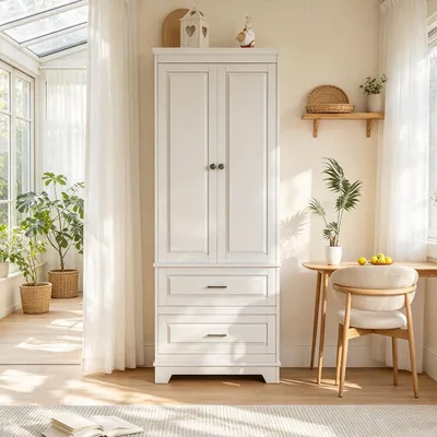 Productafbeelding van INONEFT badkamerkast, 157 cm hoog, met 2 deuren en 2 lades - Opbergkast met verstelbare planken, wit, geschikt voor badkamer en keuken