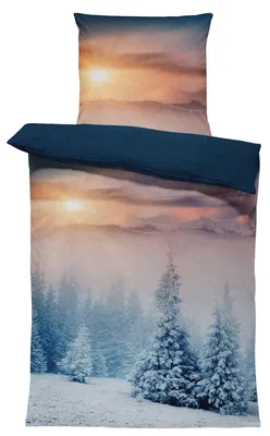 Produktbild von 4 teilig Flausch Bettwäsche 135x200 cm Winterlandschaft Schnee blau Thermofleece