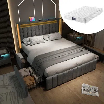 Immagine prodotto di Letto imbottito con porta USB di tipo C, illuminazione a LED e 4 cassetti. Letto per ragazzi, dimensioni 160x200 cm, letto matrimoniale con contenitore, struttura letto