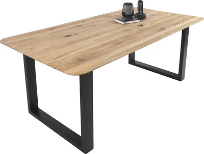 Produktbild von Esszimmertisch Schweizer Kante rund massiv & geölt Eiche 160x85 schwarz U-Gestell Lotte