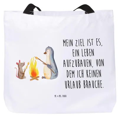 Produktbild von Mr. & Mrs. Panda Tote Bag Pinguin Lagerfeuer - Weiß - Geschenk, Arbeit, Job, Liebe, Tasche, Laptoptasche, Strandtasche, Schultasche, Reisetasche, Maus