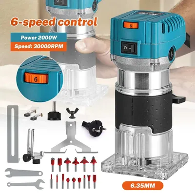 Produktbild von Elektrischer Holzfräser - Kantenfräse 2000W - 6,35 mm Spannzange - 6-stufig einstellbar - 30000 U/min - Für Holzgravur, Fräsen und Schneiden
