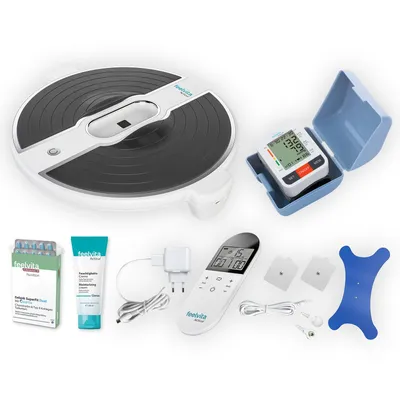 Produktbild von Genius Feelvita Acticur Aktiv-Pro Set 14-tlg EMS Stimulator für Bein & Fuß mit TENS-Pads, Blutdruckmessgerät & Gelenk SuperFit Dual Tabletten 30 Stück