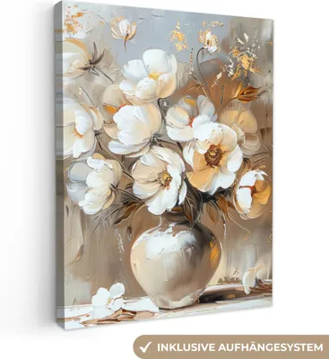 Produktbild von MuchoWow® - Leinwandbilder - Vase - Blumen - Kunst - Gold, Wandbild, Wanddeko Bilder Wohnzimmer, 30x40 cm