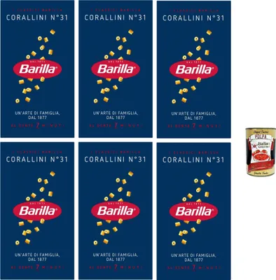 Produktbild von Barilla Corallini N.31 – 6×500 g Suppenpasta aus Hartweizengrieß, kleine Röhrchen für Brühen & Minestrone, al dente in 7 Min., hergestellt in Italien + Italian Gourmet polpa