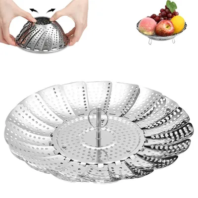 Immagine prodotto di Contenitore per cottura a vapore in acciaio inossidabile - Ø 15,5–26 cm - cestello pieghevole - regolabile - cestello per verdure - inserto per cottura a vapore per pentole e padelle - argento