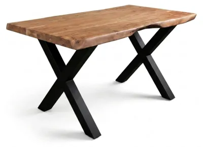 Produktbild von Baumkantentisch Cali 140 x 80 cm, Akazienholz massiv naturfarben, 50 mm Tischplatte, Esstisch mit X-Metallgestell Schwarz, Industrial-Design