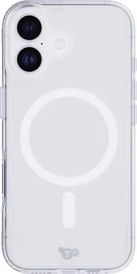 A clear, studio shot of the back of a transparent phone case with a MagSafe ring visible.