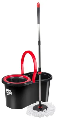 Zdjęcie produktu dla Zestaw mopów obrotowych Dirt Devil - głowica 360° - teleskopowy uchwyt ze stali nierdzewnej - wiadro 16 l z wyżymaczką - czarny/czerwony