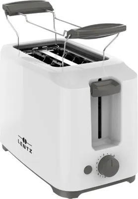 A white toaster with gray accents, shown from a three-quarter front angle on a white background.