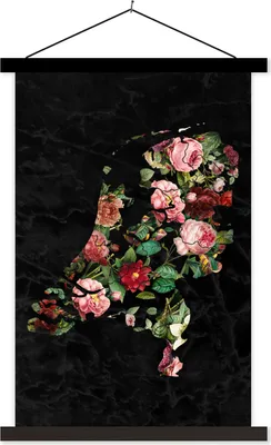Produktbild von MuchoWow® Textilposter Karte von Europa - Niederlande - Blumen 60x90 cm mit schwarzem Rahmen - Poster Wohnzimmer