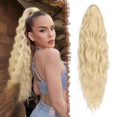Image de Pièce de cheveux type queue de cheval, synthétique, ondulée, bouclée, blond clair, 65 cm