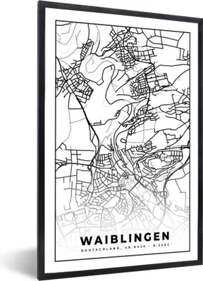 Produktbild von MuchoWow® Gerahmtes Poster Karte - Stadtplan - Waiblingen - Karte 40x60 cm - Poster mit Schwarzem Bilderrahmen Wandposter Rahmen Foto Bilder - Papierdruck - Wandbilder