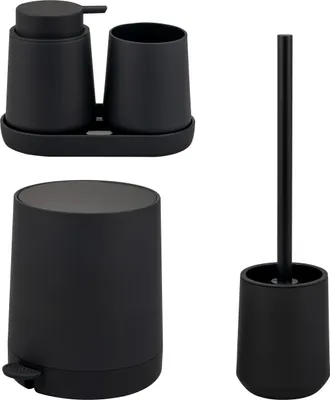 Image de eluno Set de salle de bain TESERO 5 pièces avec distributeur de savon, gobelet, coupelle, poubelle cosmétique 4 litres et ensemble WC en plastique noir