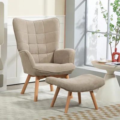 Produktbild von Akzentsessel mit Hocker, Ohrensessel Cord-Optik, Relaxsessel Buchenholzbeinen, Khaki | 80x72x101 cm | 16 kg | Stahlrahmen