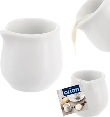 A white porcelain creamer jug is shown from multiple angles, with milk being poured into one of them. A small card with the brand name and a lifestyle image is also present.