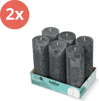 Produktbild von Bolsius - Rustikale Stumpenkerzen 190/68 - 6 Stück pro Packung - Stormy Grey - Vorteilspack - 12 Stücke - 2 Verpackung
