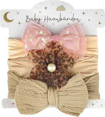 Produktbild von Baby Haarband 3 Stück, Stirnband Kleinkinder, 3er Set Haaraccessoires Mädchen, Glitzer Schleife & Leo Blume