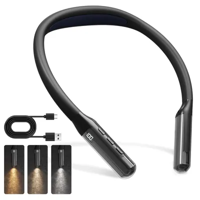Produktbild von LQWELL Hals Leselampe 3 Farben und 3 Helligkeiten Einstellbar, LED Buchlampe Biegbare Arme, Tragbar Nackenlampe Ergonomisches, Wiederaufladbar für Lesen Häkeln Nähen Reparieren Stricken – Schwarz, Grö
